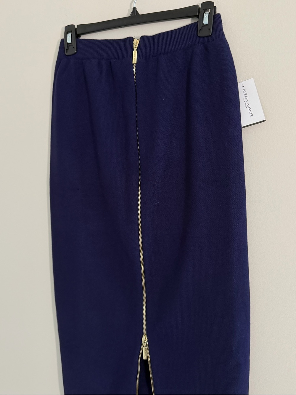 NWT Alexia Admor Navy Knit MIDI Pencil Skirt M Gold Double Zip Modern MSRP $200 - Picture 3 of 14